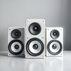 Fototapeta premium Three sleek. modern speakers in a minimalist setting.