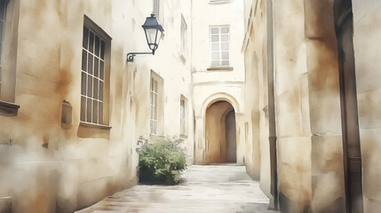 Fototapeta premium Charming narrow alleyway with vintage lamp and soft greenery in a picturesque urban setting, perfect for travel and architecture themes.