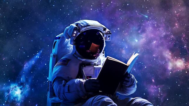 Seamless looping 4k time-lapse animation video background. Astronaut reading a book in space with colorful nebulae in the background. Space exploration concept.