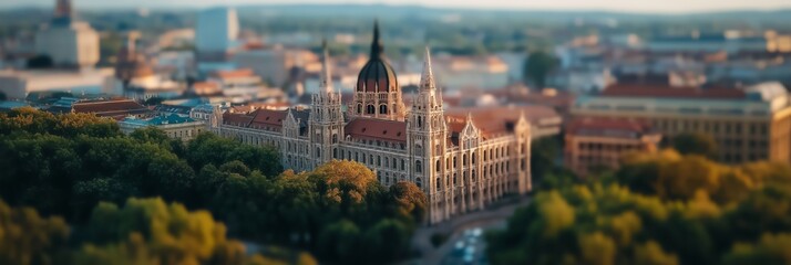 Obraz premium A majestic historical building set against an urban landscape and surrounded by lush green trees.