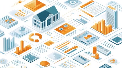 A digital infographic showing steps in a real estate investment plan, featuring property icons, income growth projections, and financial planning tools