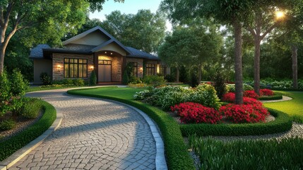 Fototapeta premium Elegant 3D-rendered front yard with a circular driveway, stone pavers, and beautifully landscaped garden beds, ideal for upscale home designs.