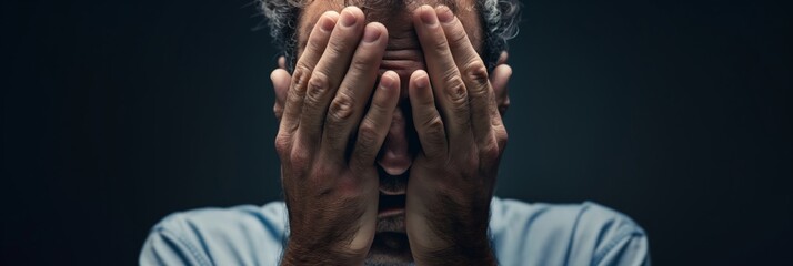 A man covers his face with his hands, conveying a sense of distress, sorrow, or deep contemplation, highlighting the emotions of despair and inner struggle.