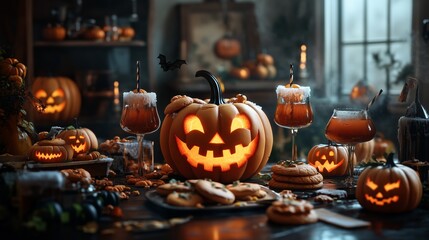 Obraz premium A festive Halloween table filled with carved pumpkins, cookies, and spooky drinks creating a warm autumn atmosphere