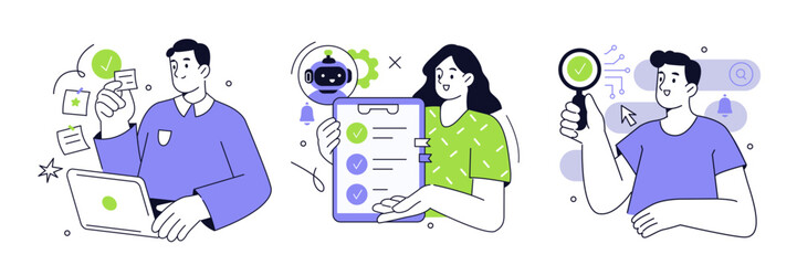 AI technology concept set. Collection of characters working with artificial intelligence, chatbot, generative tools to increase productivity, efficient, task performance. Vector illustration.