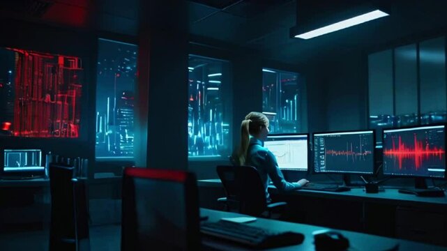 A young woman sits at a desk in a dark room, working on multiple computer screens illuminated by blue and red light.