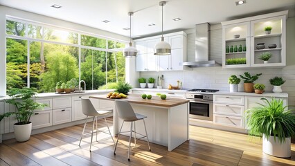 Fototapeta premium Bright and airy white kitchen with lush greenery, serene natural light, and sleek modern appliances, perfect for a calming culinary escape.