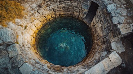 ancient well with brick wall with fresh pure water