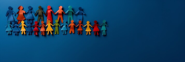 A collection of colorful paper cut-out family figures holding hands, displayed on a blue backdrop, symbolizing unity, togetherness, diversity, and community support.
