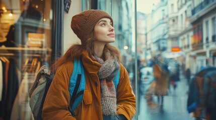 Obraz premium Influencer checks their reflection in a shop window, capturing a moment of self-reflection amidst the busy city streets, ideal for lifestyle brands.