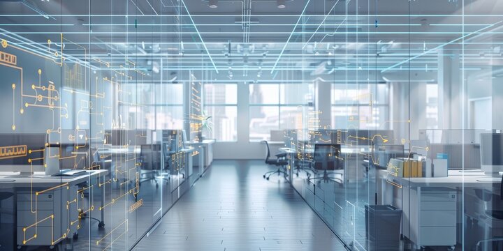 An office environment overlaid with network diagrams, illustrating the flow of information in a corporate setting