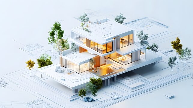 Modern House Architectural Model on Blueprint.