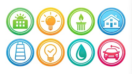 Fototapeta premium Brightly colored energy consumption icon set featuring electricity, gas, and water meters surrounded by renewable energy sources, highlighting sustainability and eco-friendliness.