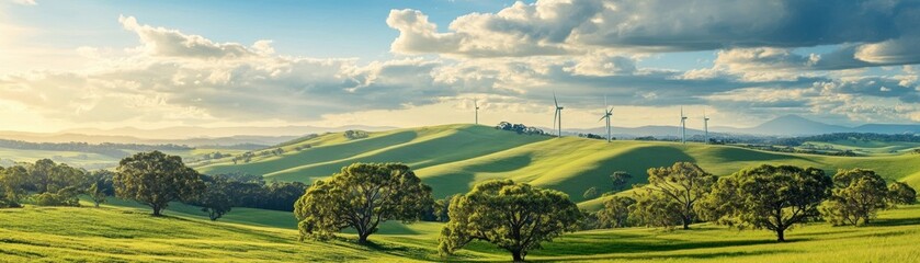 Obraz premium Breathtaking landscape featuring rolling hills, vibrant greenery, and wind turbines under a stunning sky.