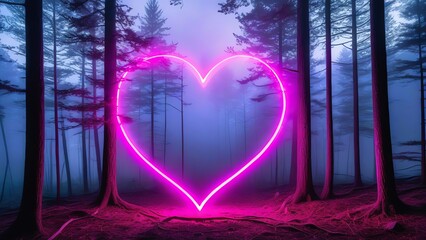 pink neon light heart shaped foreground casting a warm glow foggy forest backdrop multiple twin