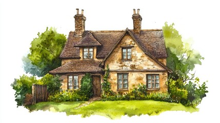 Fototapeta premium English house with a green lawn, isolated on white with a watercolor hand-drawn effect.