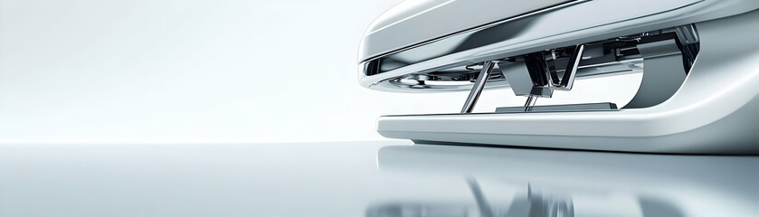 Stapler and Staple text isolated on white background concept as Camera movement Zoom into the stapler and text. Scene Isolated white background with sleek and modern design elements. Detail Emphasize 