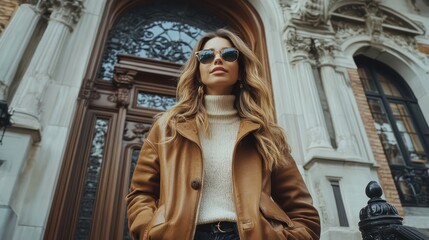 Influencer takes a photo in front of a historic building, blending heritage with contemporary fashion and urban exploration.