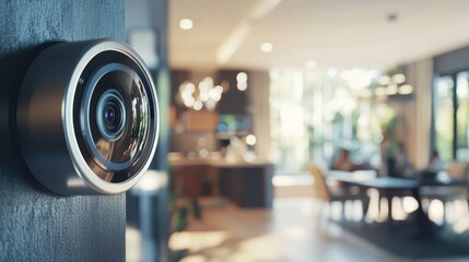 Close-up of a modern indoor surveillance camera in a home setting