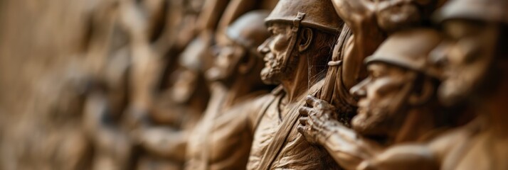 An intricate relief sculpture showcases detailed figures of historical soldiers and a prominent leader, capturing a scene of valor and leadership in a historical moment.