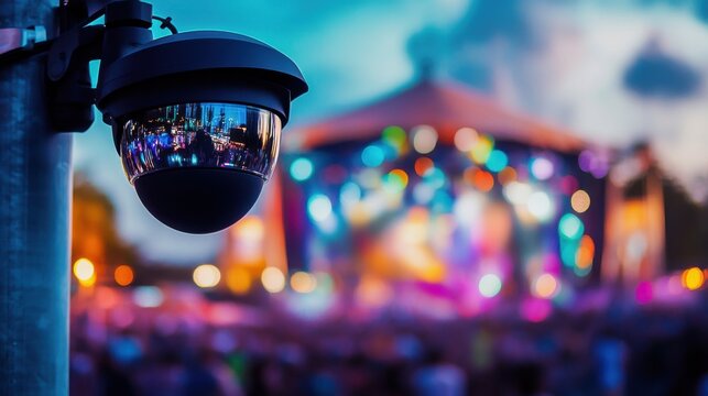 Close-up of a surveillance camera monitoring a vibrant outdoor event