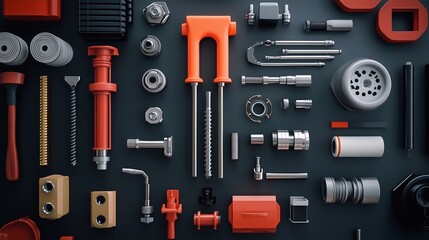 Obraz premium A colorful arrangement of various mechanical tools and components on a dark background showcasing their unique shapes and functions