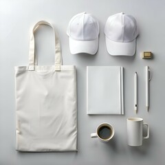 Clean and minimal mockup featuring a tote bag. caps. notebook. pencils. and a coffee mug   perfect for showcasing your brand's logo or design.