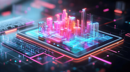 Fototapeta premium Tablet and keyboard with holographic content creation app and flexible workspace text concept as Camera movement Pan across the tablet and keyboard with a holographic content creation app. Scene Creat