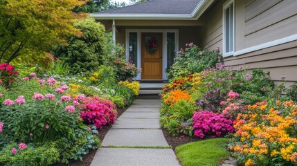 Obraz premium Facade of a charming house with a vibrant front yard garden, colorful flowers, and a clean concrete walkway leading to the entrance. Perfect for home and garden themes.