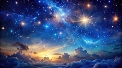 Celestial nighttime sky with twinkling stars and soft, ethereal nebula clouds set against a deep blue cosmic background, evoking a sense of wonder and mystery.