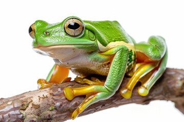 Obraz premium White-lipped tree frog (Litoria infrafrenata) on white background, white-lipped tree frog (Litoria infrafrenata) closeup on branch