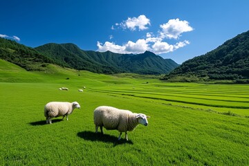 Fototapeta premium Pastoral scenery, grazing sheep, open meadows offer a peaceful and idyllic countryside view