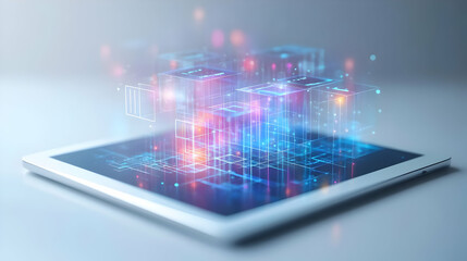 Fototapeta premium Tablet with holographic collaboration tools and copy space isolated on white balance concept as Camera movement Zoom into the tablet screen highlighting the glowing holographic collaboration tools. Sc