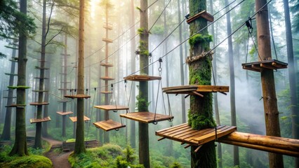 Challenging outdoor ropes course obstacle featuring suspended wooden planks, ropes, and pulleys amidst a lush forest, with a misty atmosphere and dramatic natural lighting.