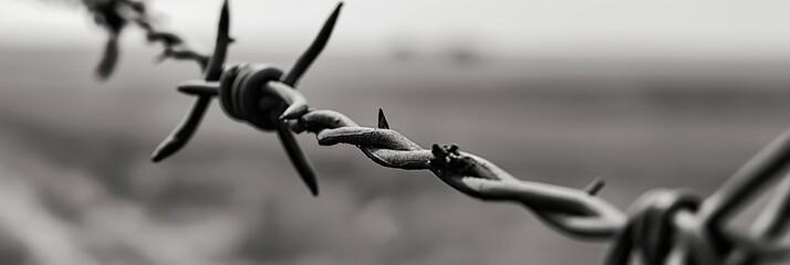 A striking monochrome close-up of barbed wire with a blurred, indistinct background, emphasizing the harsh texture and sharpness of the wire.