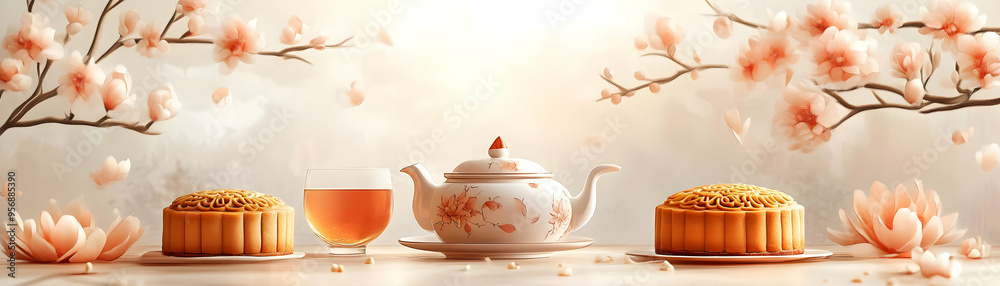 Wall mural Tea Pot and Mooncake with Mid Autumn Greeting concept as A vector illustration of a traditional teapot and mooncake with Happy Mid Autumn Festival greeting text isolated on a white background. The des