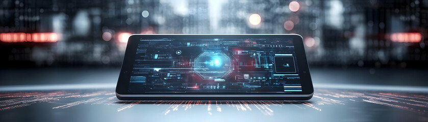 Obraz premium Tablet with holographic video conferencing interface and copy space isolated on white balance concept as Camera movement Focus on the tablet displaying a glowing holographic video conferencing interfa