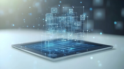 Fototapeta premium Tablet with holographic virtual meeting app and flexible workspace text concept as Camera movement Pan across the tablet screen with a holographic virtual meeting app. Scene Sleek and clean workspace 