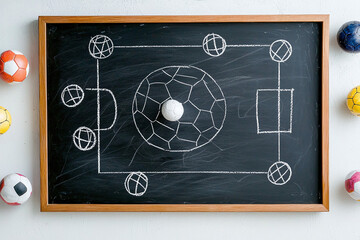 Fototapeta premium a detailed soccer play diagram drawn with white chalk on a blackboard, illustrating offensive and defensive strategies with circles, lines, and labels