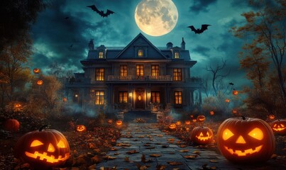 Halloween night scene with pumpkins, spooky house and foggy graveyard, spooky Halloween background concept.