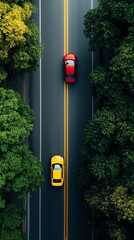 Aerial view of a red and yellow car on a straight road with lush green trees on both sides during the day.
