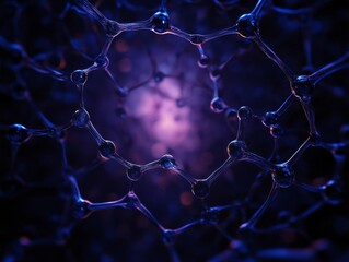Abstract molecular structure with intricate details, glowing in shades of purple and blue, representing scientific exploration.