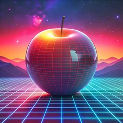A vibrant 3D illustration of a shiny red apple rendered in a retro 80s style. sitting on a futuristic grid against a colorful gradient sky.