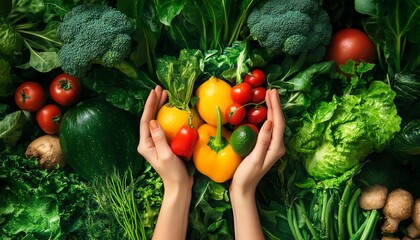 Hands holding fresh colorful vegetables including bell peppers, tomatoes, and cucumbers, surrounded by assorted leafy greens and vegetables.