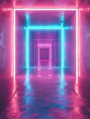 Neon lights create a vibrant hallway