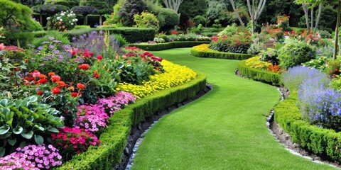 Obraz premium Well-maintained green garden with colorful flower beds and neatly arranged shrubs