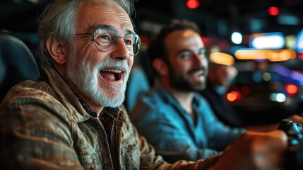 Fototapeta premium Middle-aged friends competing in a fun racing video game, their expressions full of excitement and friendly rivalry.