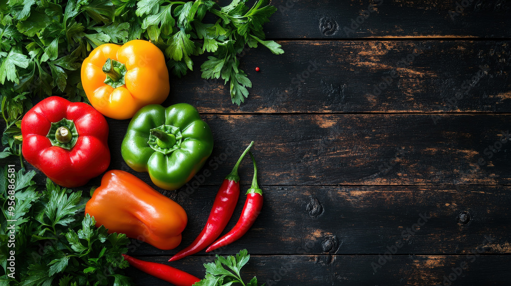 Canvas Prints fresh red and yellow peppers, green peppers, and tomatoes on a wooden background