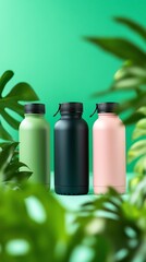 Three reusable water bottles in green, black, and pink, surrounded by lush green leaves against a vibrant green background.
