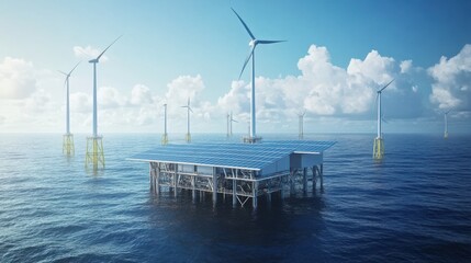 Naklejka premium Innovative offshore wind farm featuring turbines and solar panels in a serene ocean setting under a clear blue sky.